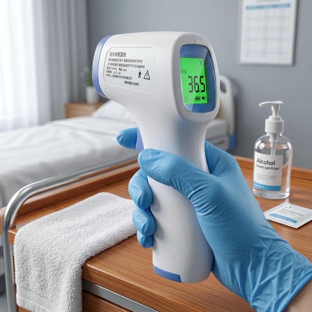 Non-contact infrared thermometer being used for screening